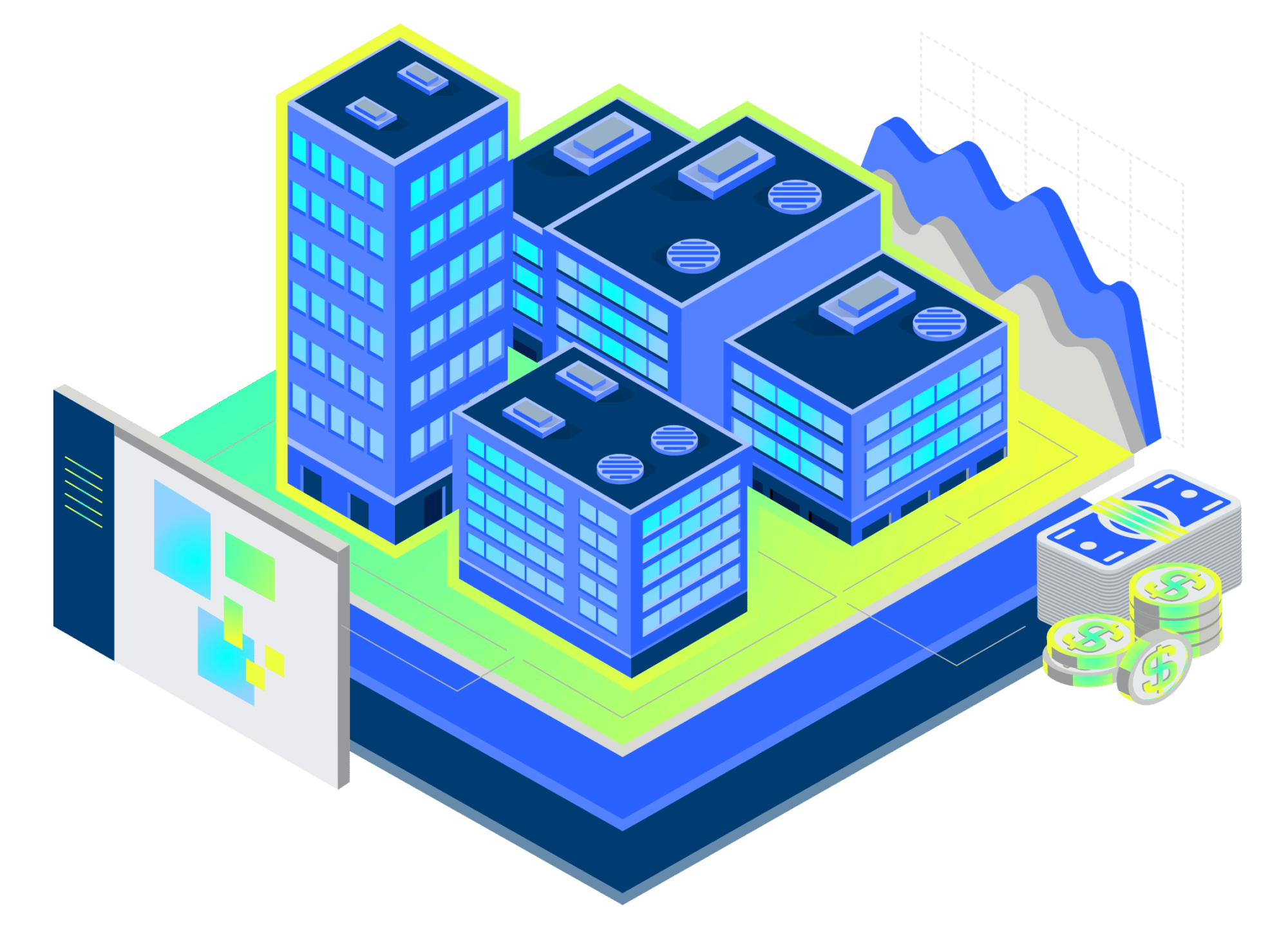 Graphic of blue building surrounded by dollar bills, coins, analytics, in relation to energy transition.